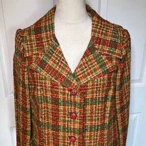 Vintage Hanbury London Skirt Suit Orange Green Red Plaid Thick Fabric 1960s Sz M